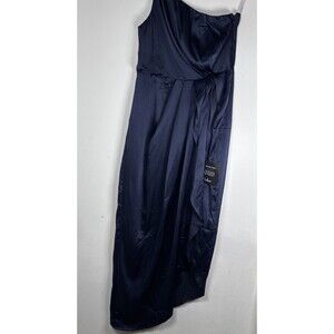 Lulus Navy Blue One Shoulder Satin Cocktail Dress Draped Asymmetrical Formal S